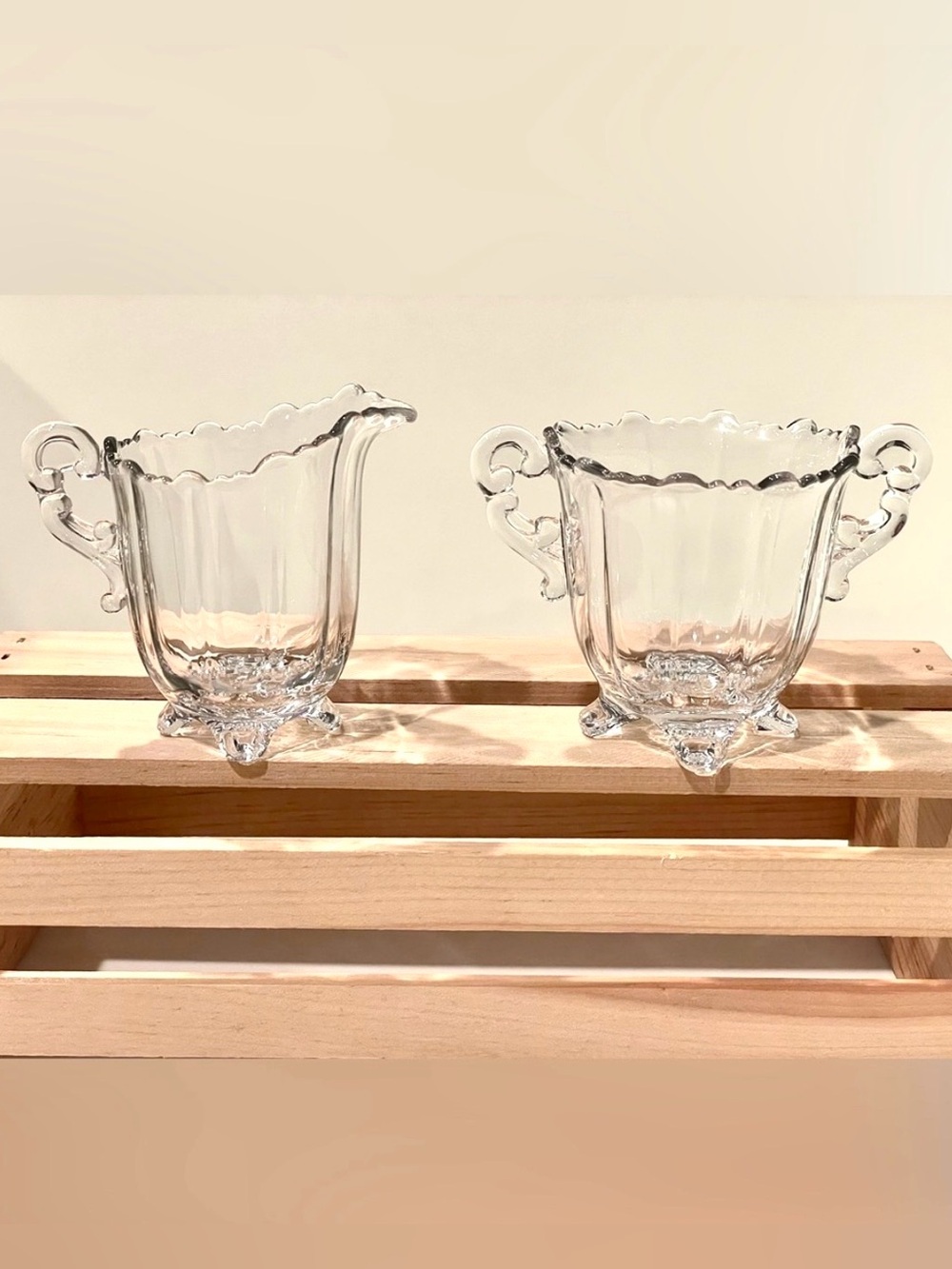 Cambridge Glass “Martha” Clear Glass Footed  Creamer & Open Sugar Set EUC